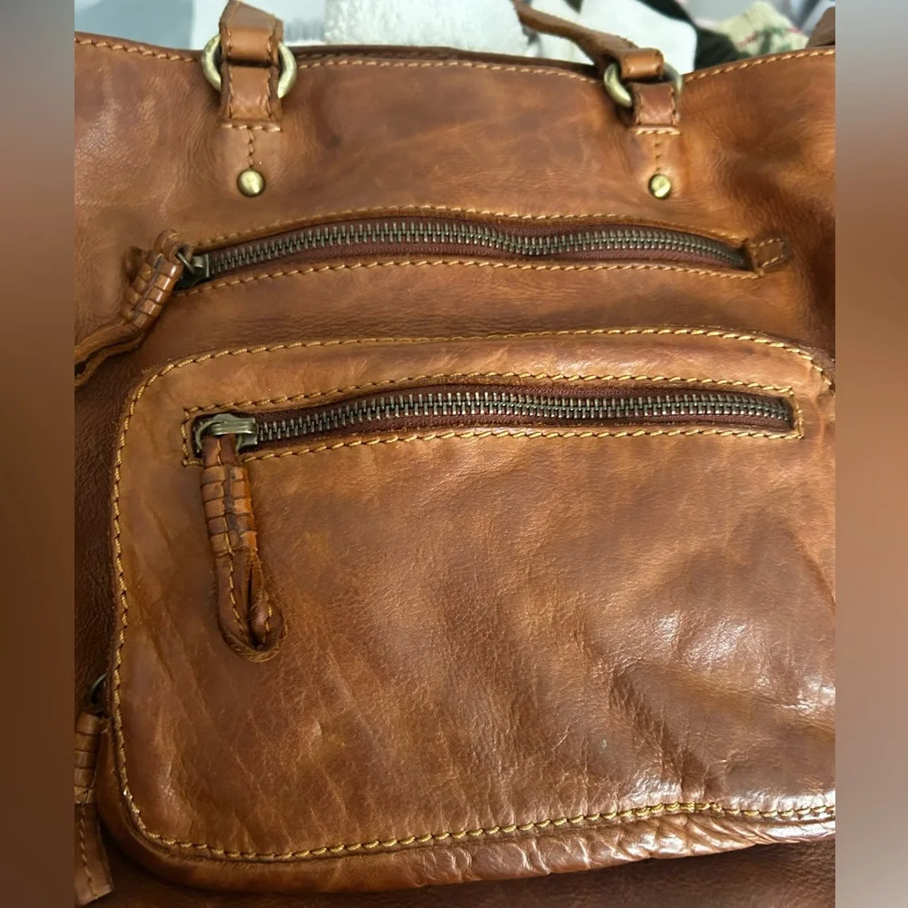 Genuine Leather Cognac Brown Shoulder Tote Bag 2 Front Zipper